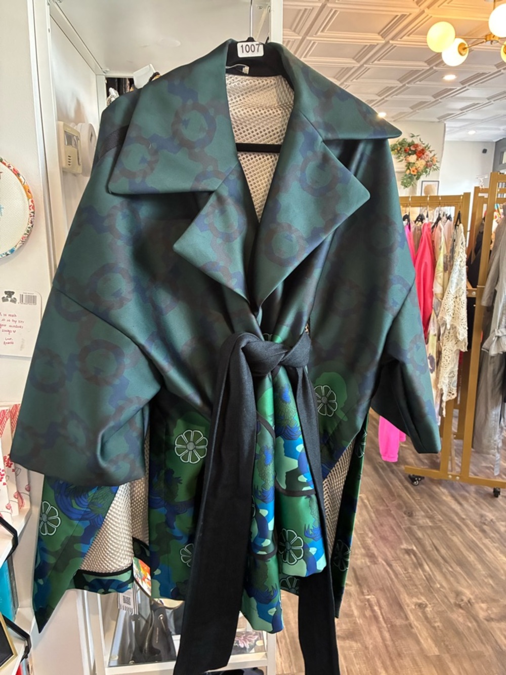 ODEEH Green Floral Patterned Wrap kimono Coat with belt - size 36 NWT